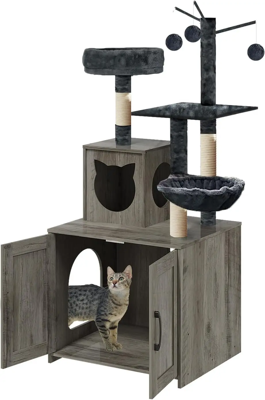 

Cat Tree with Litter Box, Wood Litter Box Enclosure with Food Station, Modern Cat Tower for Indoor