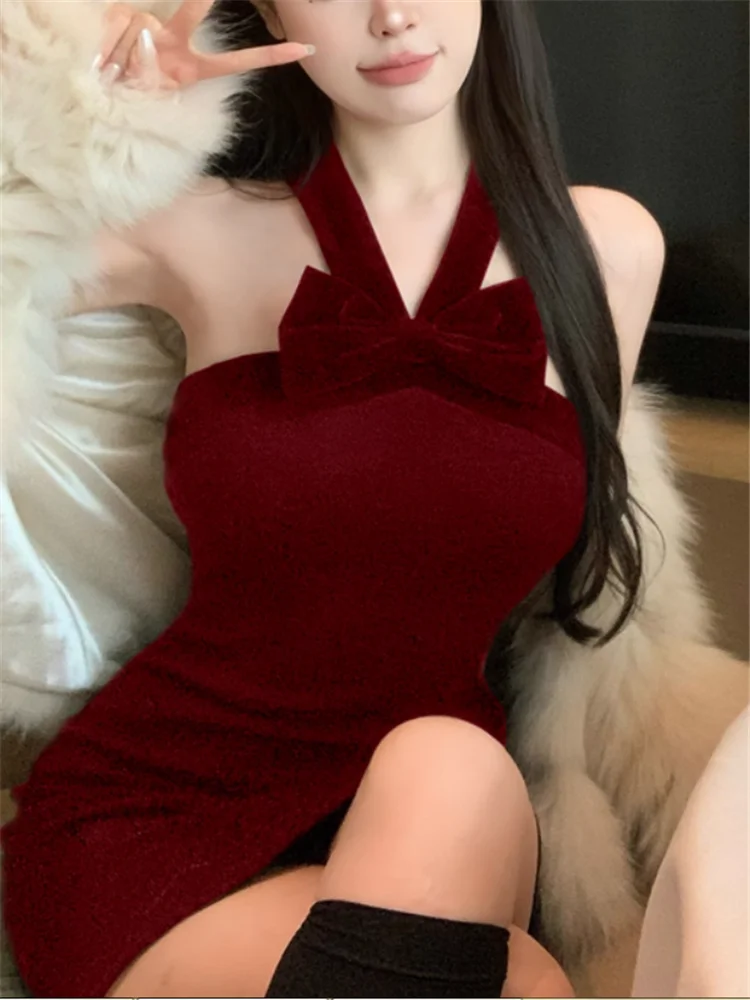 ホルターネック レディース ブラック レッド ビッグボウ ストレス ミニ ペンシルドレス サマーファッション ノースリーブ スモールガール ショート ボディコン タイト パーティードレス