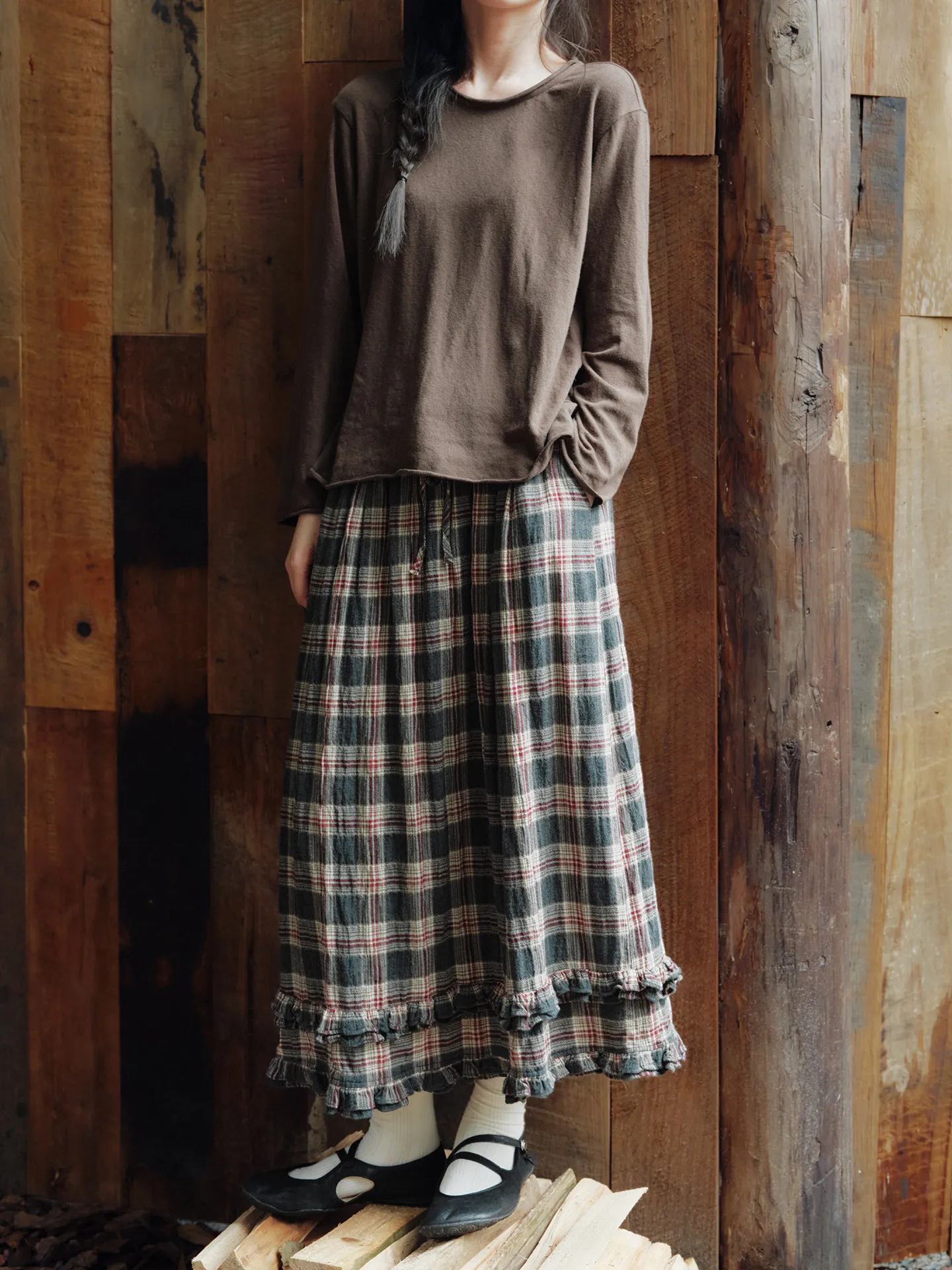 Red Lake Cotton Plaid Elastic Waist A-Line  Skirt Women's Autumn LS95045 Half-length Skirts Fashion Ladies' Clothing