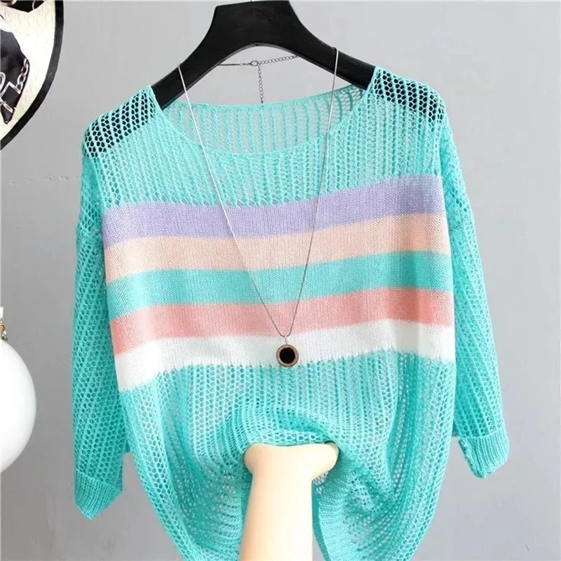 Women Half Sleeve Colorful Hollow Out Blouses Striped Ice Silk Knit Shirt Loose Retro Style Pullover Lightweight Tank Tops