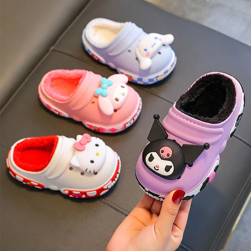 

Kawaii Sanrio Hello Kitty Kuromi Winter Cotton Slippers Girl Warm Fleece Lined Waterproof Dopamine Colorway Home Shoes Cute Gift