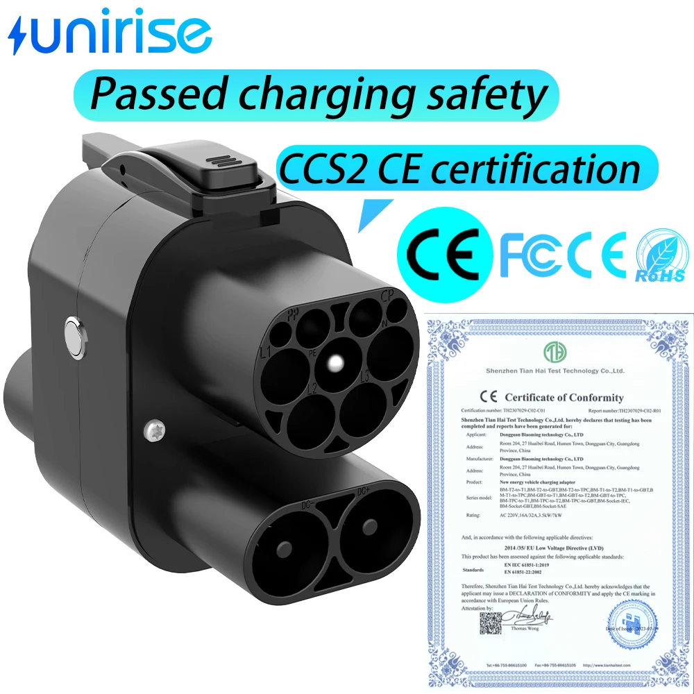 Adaptador Unirise CCS2 a CCS1 EV 250kW 250A 1000v DC + conector de cargador de CA CCS Combo 2 a CCS1 adaptador de carga rápida para coche eléctrico