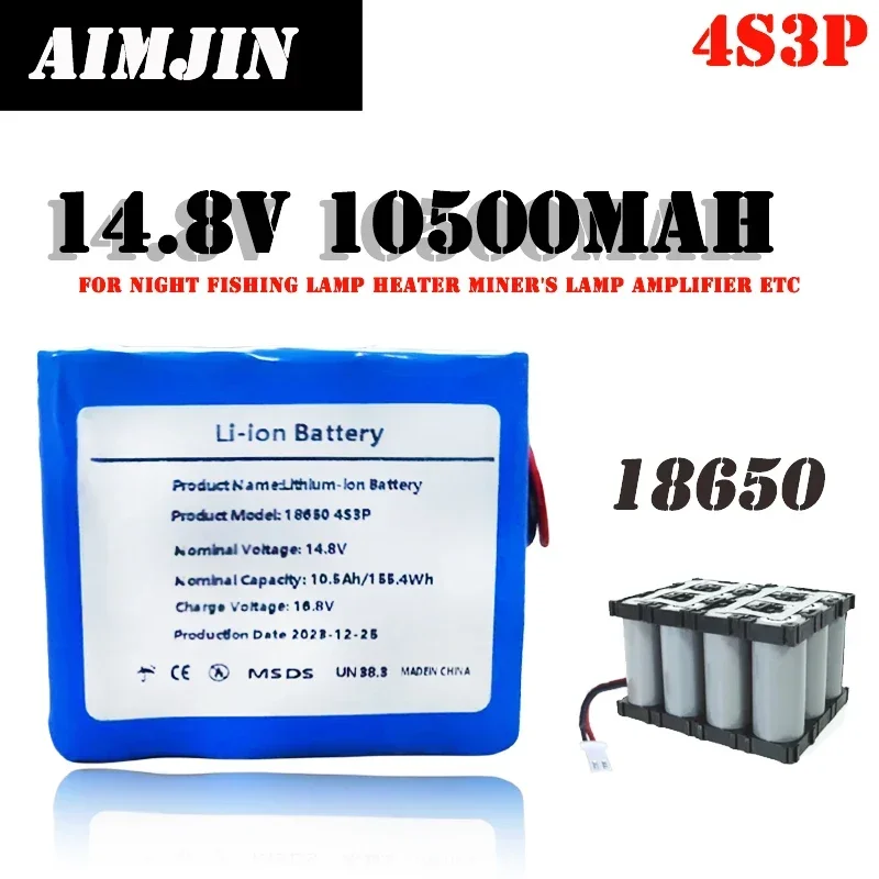 

4S3P 14.8V 10500mAh For Night Fishing Lamp Heater Miner's Lamp Amplifier Etc 18650 Li-iom Battery Pack with BMS