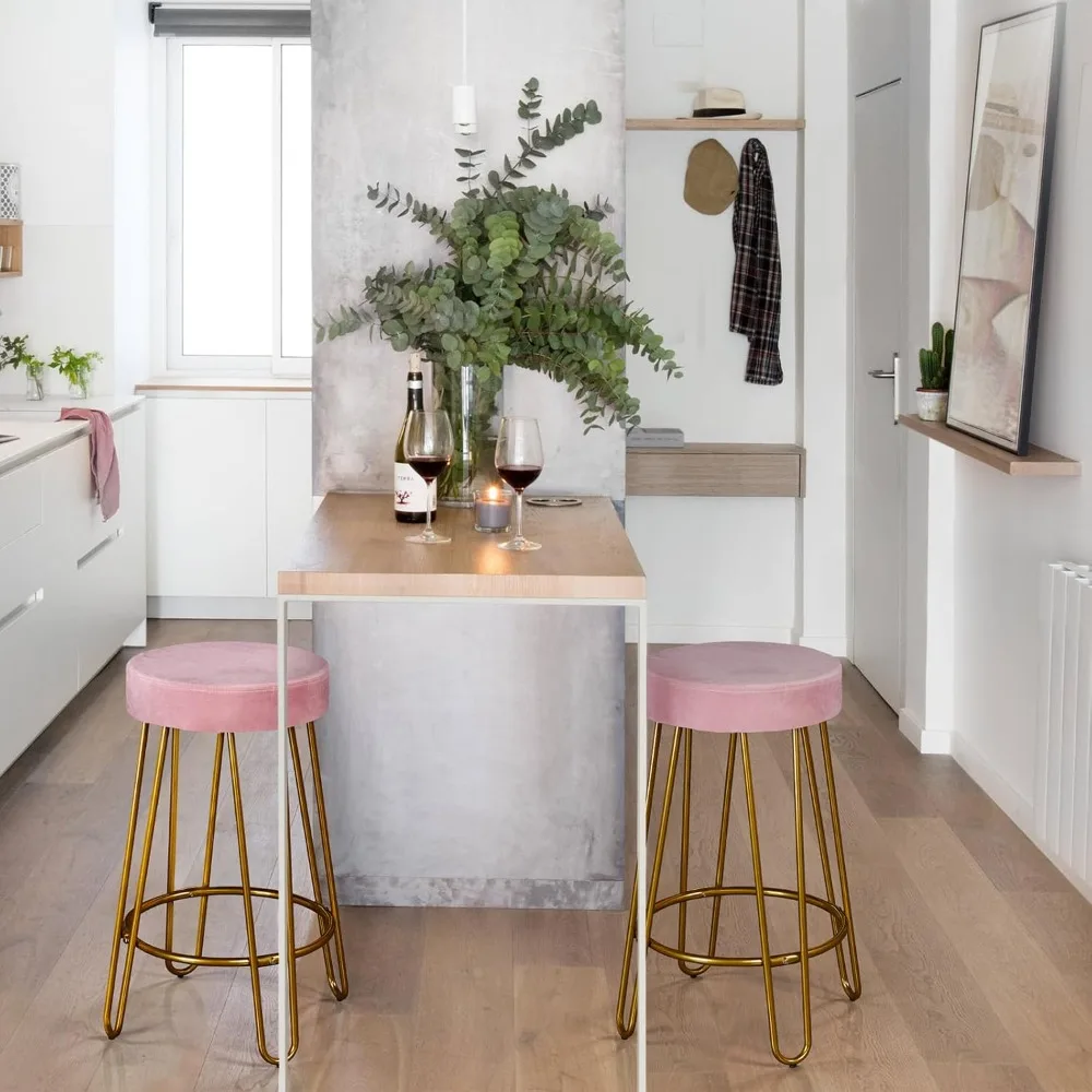 바 스툴 2개 세트, 벨벳 원형 카운터 스툴, 등받이 없는 카운터 높이 바 의자, 주방 식당용 금색 다리 포함