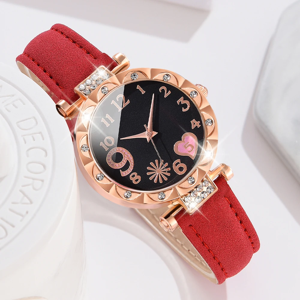 6pcs/Set Red Women Watch Fashionable Minimalist Dial Quartz Wristwatch Alloy Wheat Ear Element Watch Jewelry Set Gift For Her