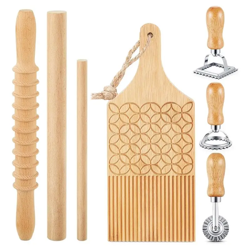Conjunto de Ferramentas para Fazer Gnocchi AT02-7 Peças, Tábua de Madeira com Carimbo para Ravioli e Conjunto de Rolo de Massa, para Massas Caseiras