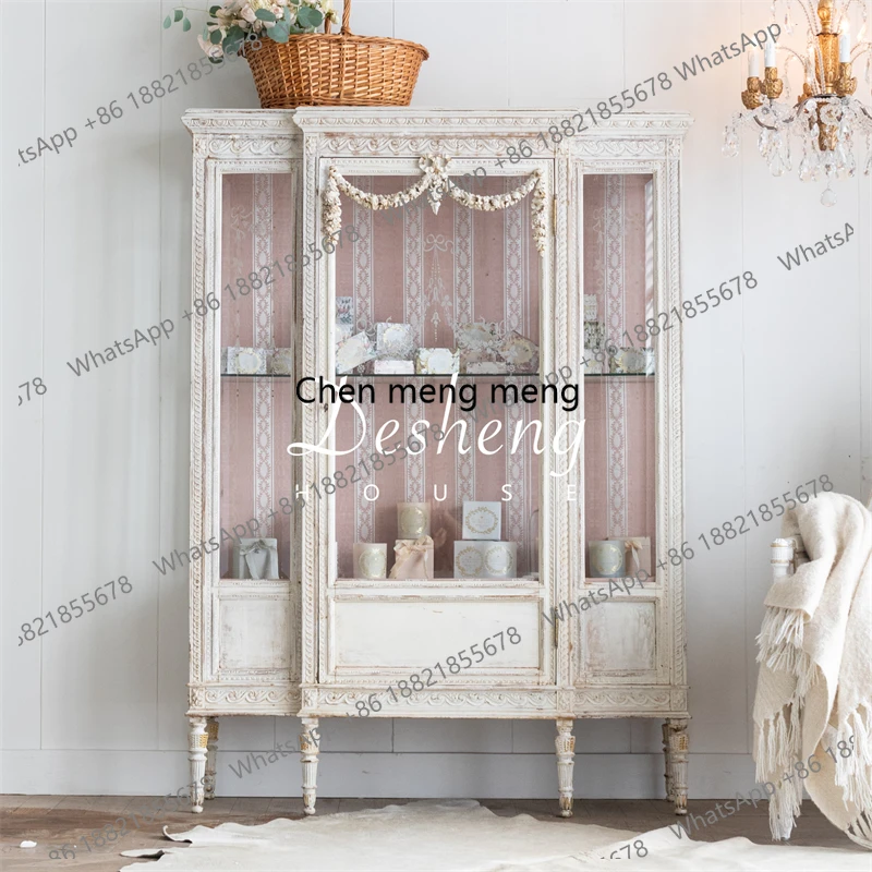 

French Retro Wine Cabinet European Carved Glass Cabinet Display Cabinet