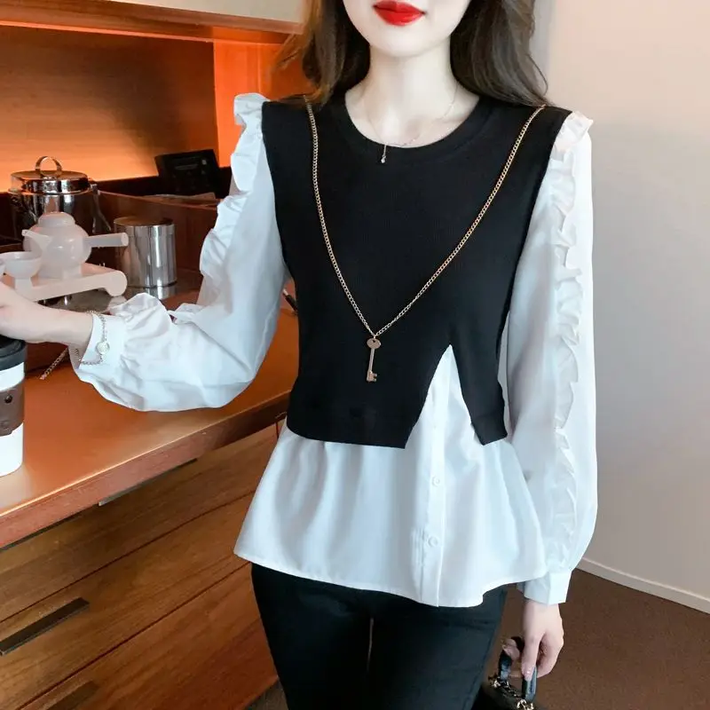 Fake Two Piece Patchwork Contrast Blouse Spring Autumn New Long Sleeve Pleated Elegant Shirt Tops Fashion Korean Women Clothing