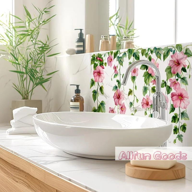 Fresh Floral Pattern Sink Area Background Wall Sticker Bathroom Wall Decoration Self-Adhesive Removable Waterproof Sticker