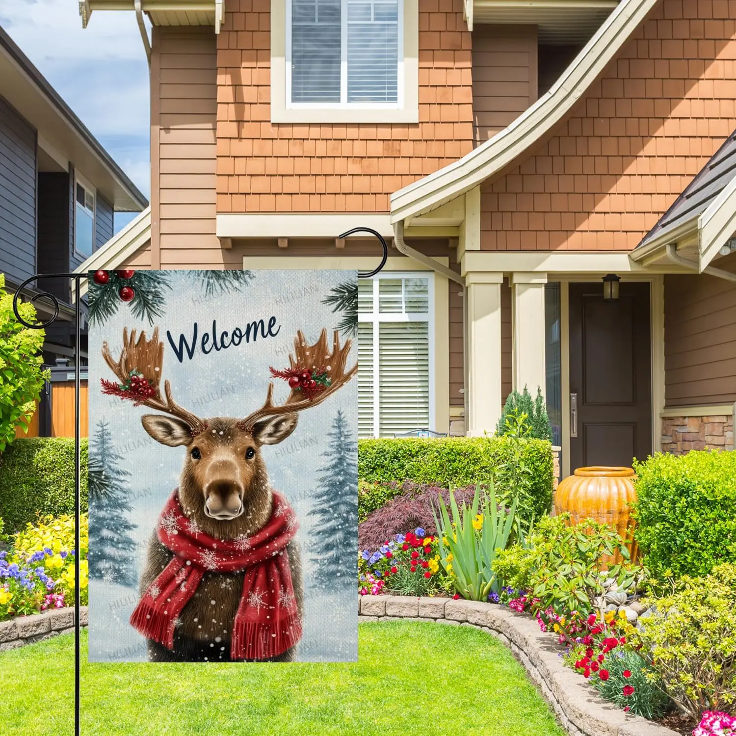 Welcome Winter Moose Garden Flag 12x18 Vertical Double Sided Farmhouse Trees Snow Christmas Holiday Outside Decorations Line zzo