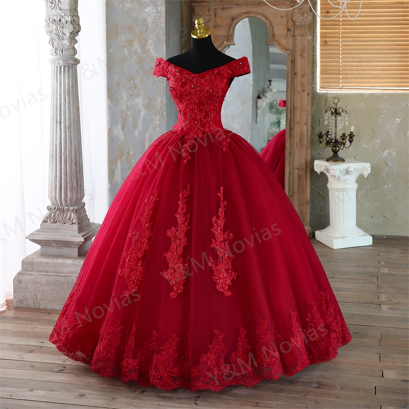 New Dark Red Quinceanera Dresses Sweet Party Prom Dress Lace Appliques Off Shoulder Ball Gown Custom Color Vestidos Plus Size