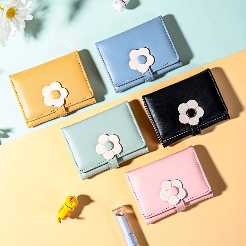 Ladies short clasp lovely flower bump color three fold multifunctional student purse Kawaii
