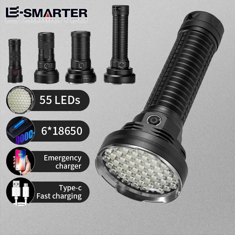 High Power Long Range LED Flashlight Lantern Built-in Battery Type-C Torch for Fishing Camping