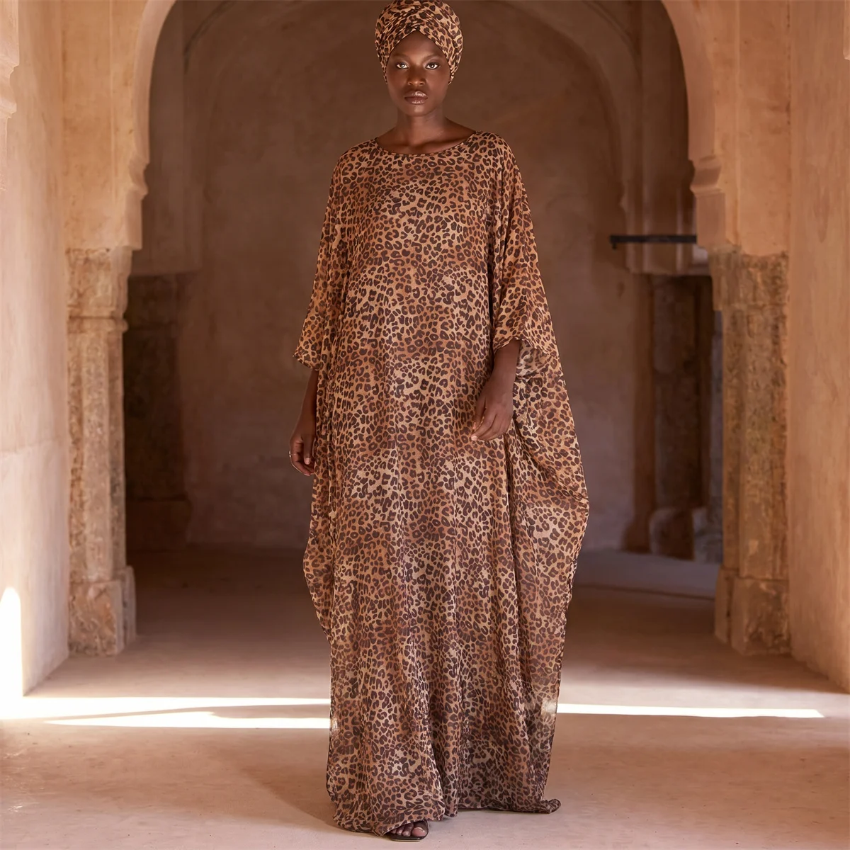 Women Leopard Print 2 Piece Kaftan Set Satin Trim Loose Maxi Dress Matching Long Skirt Muslim Abaya African Evening Outfit