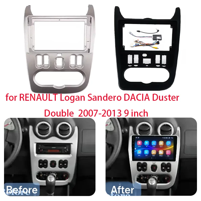 9 inch Din Car DVD Radio Fascia Frame for RENAULT Logan Sandero DACIA Duster Double 2009-2013 Adapter CD Panel Trim Kit Bezel