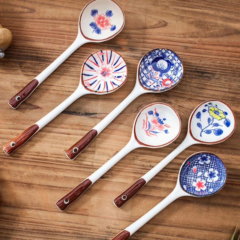 4/6Pieces Gift Set Household Ceramic Spoon Hand-painted High-value Long-handled Spoon Creative Dessert Spoon Outdoor Tableware