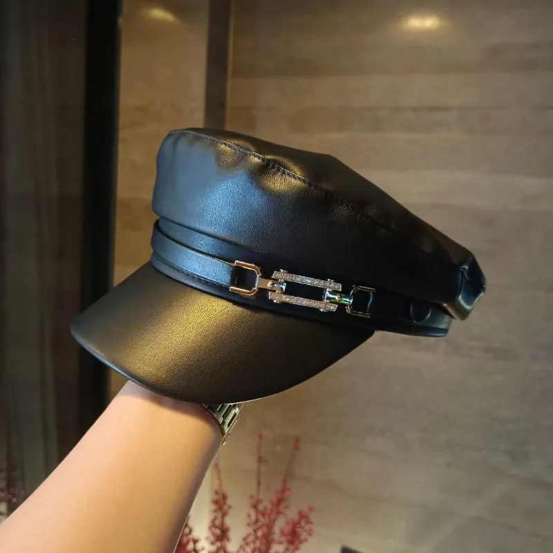 

​​2025 Chain-Trimmed PU Leather Newsboy Cap Women Black Retro Vintage Adjustable Face Slimming Casual Outdoor Free Shipping​​