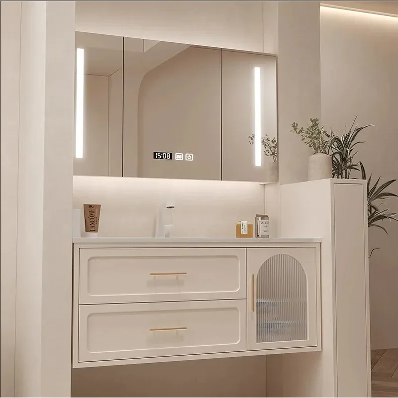 Milk Coffee Oak Bathroom Cabinet with Integrated Smart Mirror Solid Wood Vanity Unit for Toilet Hand Wash and Face Washing