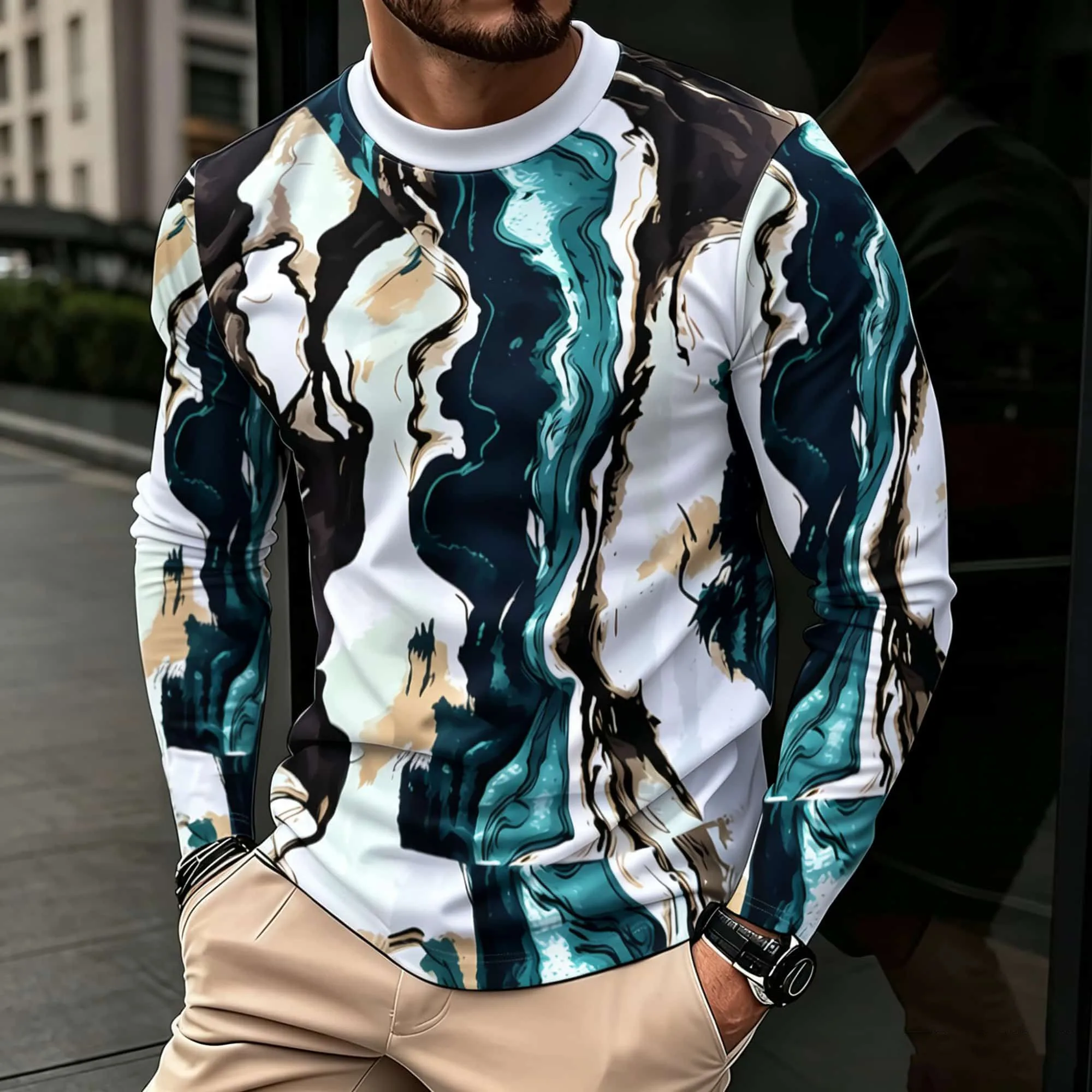 Men Mock Neck Long‑Sleeve Shirt Marble Fluid Swirl Pattern Comfort Stretch Pullover For Spring Autumn Season