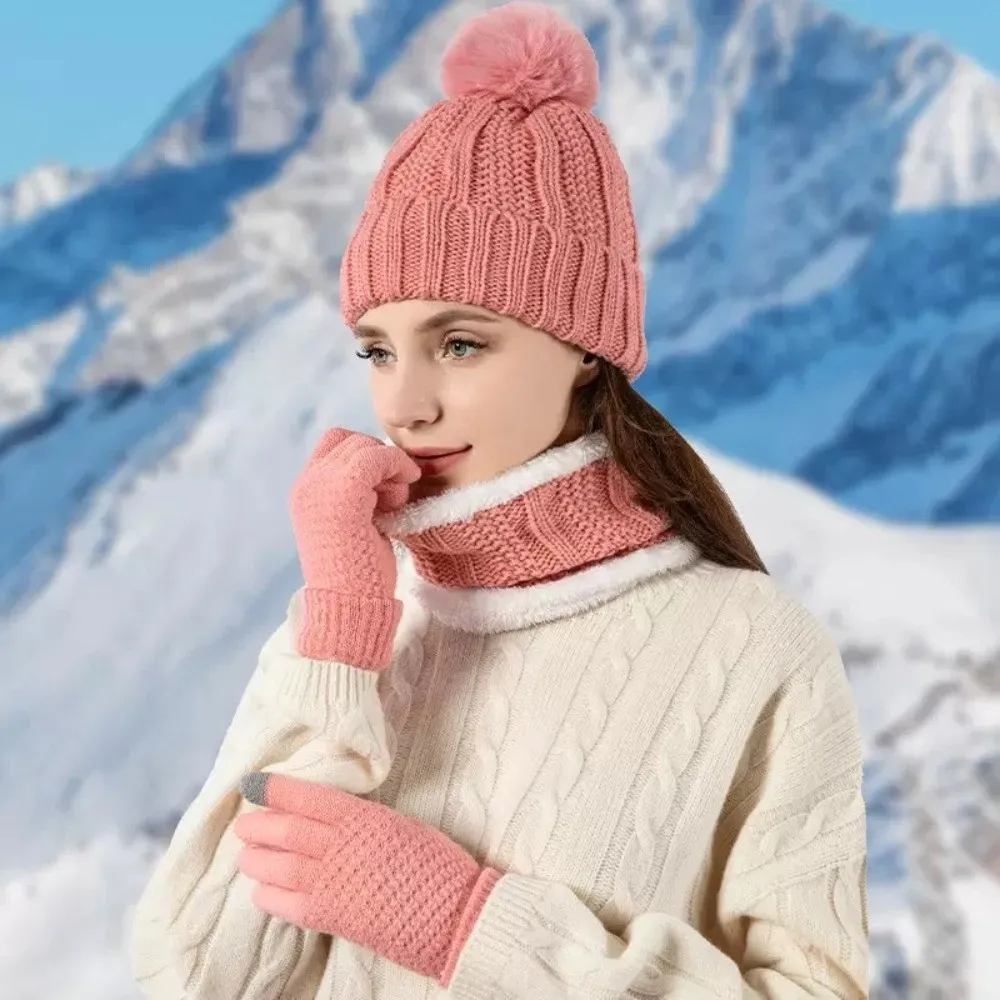 3pcs Solid Color Hat Scarf Gloves Set Cute Pompom Keep Warm Knitted Hat Thickened with Velvet Beanie Hat Autumn Winter