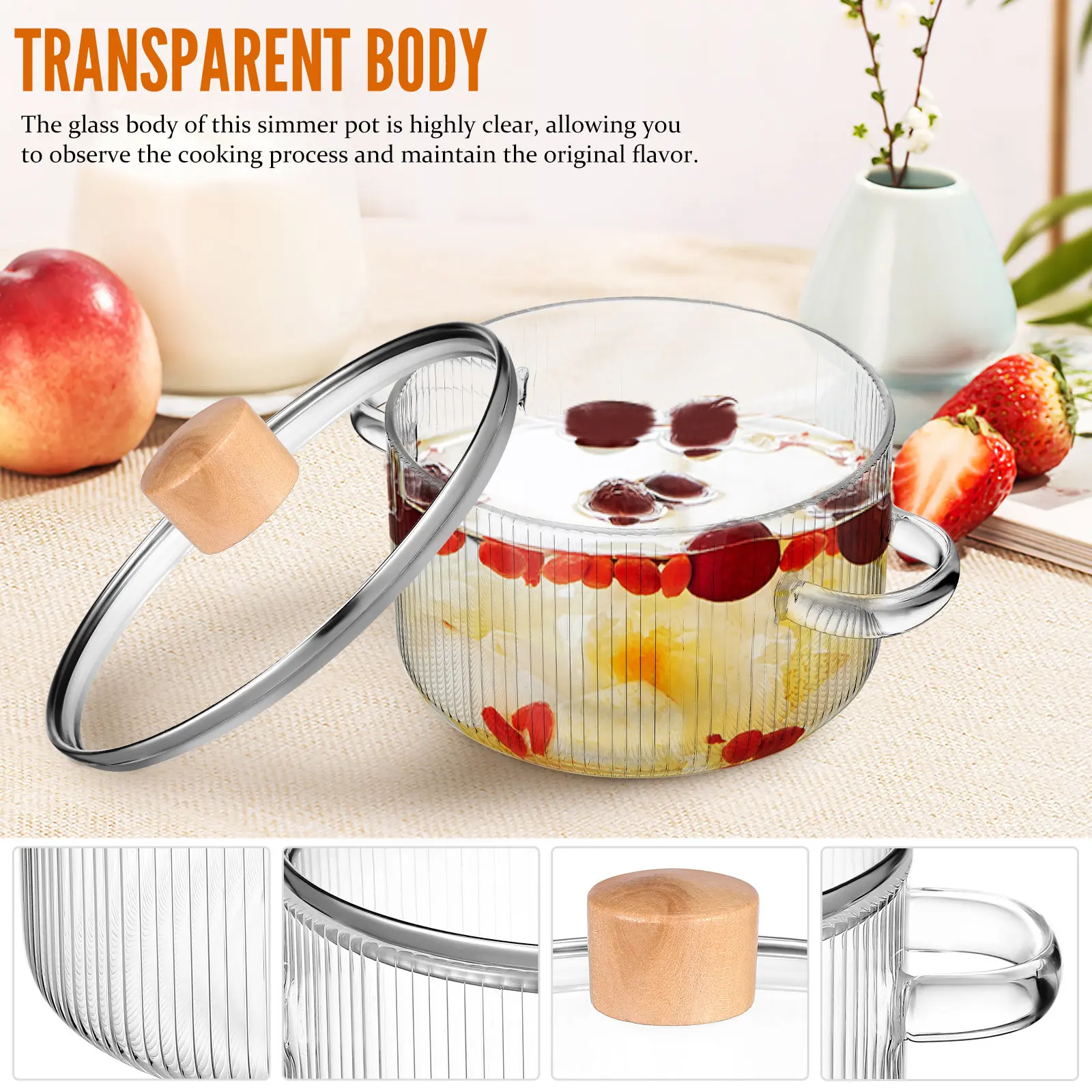 Glass Simmer Pot Stewing Cooking Pot 1.6L Double Handle Thick Transparent Saucepan Safe for Soup Milk Stove Kitchen