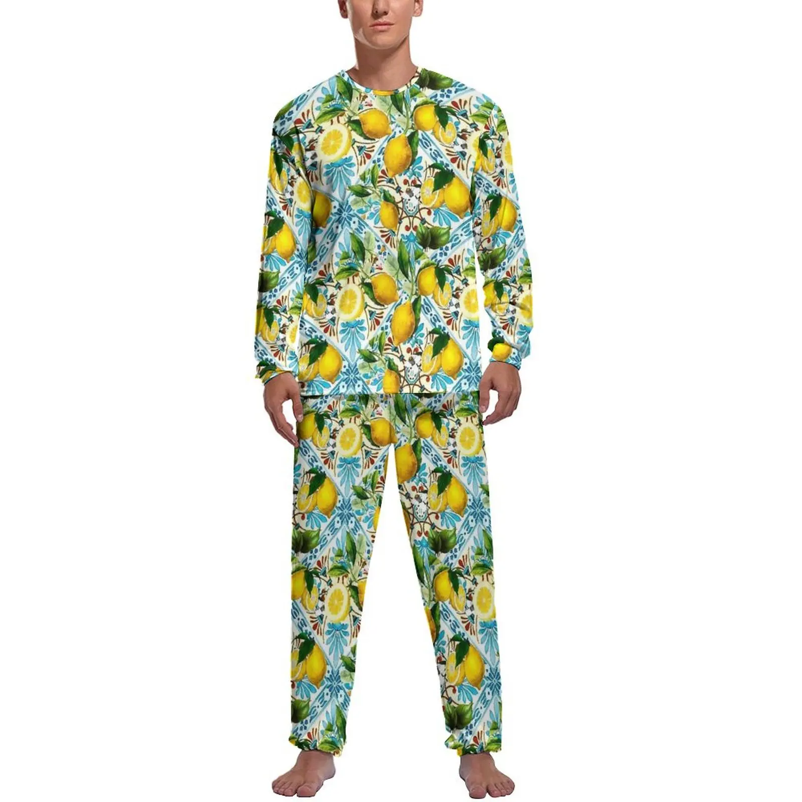 

Retro Mosaic Lemon Pajamas Autumn 2 Piece Sicilian Tiles Trendy Pajama Sets Men Long Sleeve Leisure Graphic Nightwear