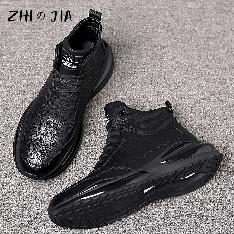 High Quality High Top Genuine Leather Shoes Autumn Winter Casual Sneaker Fashion Trend Air Cushion Shoes Men\'s Black Footwear