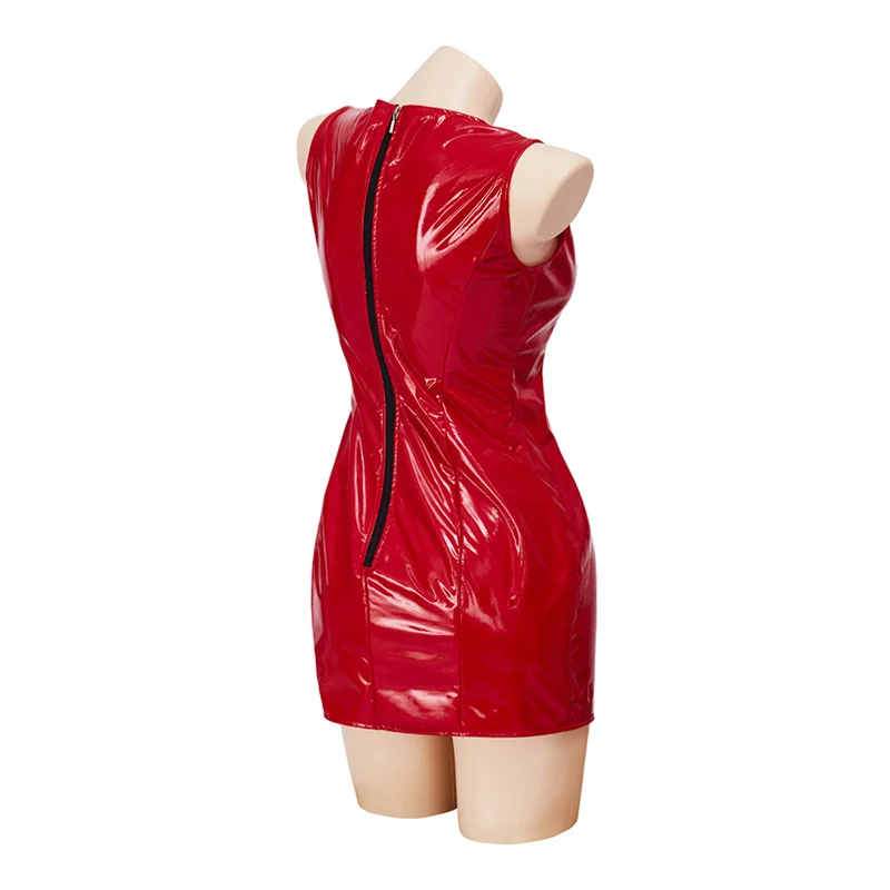 Pam & Tommy Pamela Anderson Cosplay Costume Sexy Red Leather Mini  Sleeveless  Bodycon Dress  Party Ball Gown