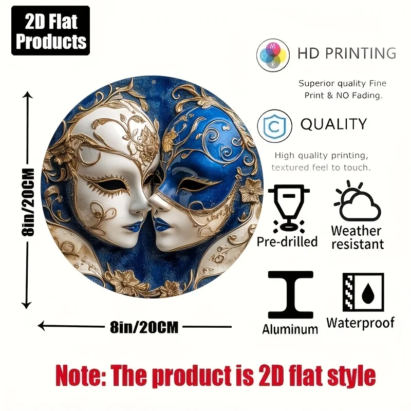 2D Flat 8x8 Inch Vintage-Style Aluminum Mask Wall Art - Romantic Blue & Golden Venetian-Themed Decorative Plaque for Home, Bar,