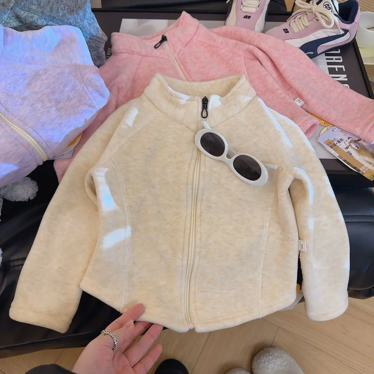 New Style Children Clothing Double Sided Velvet Girl's Warm Stand Up Collar Top with Zipper Inside and Outerwear
