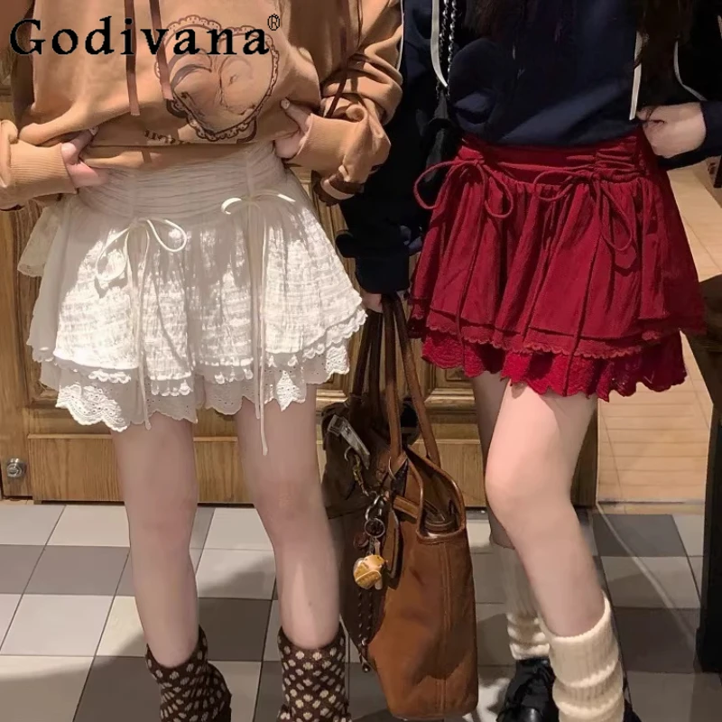 

Spring Summer New Sweet Girl Bow Lace-up Lace Korean Cake Skirt Fashion High Waist A-line Cute Irregular Princess Long Skirts