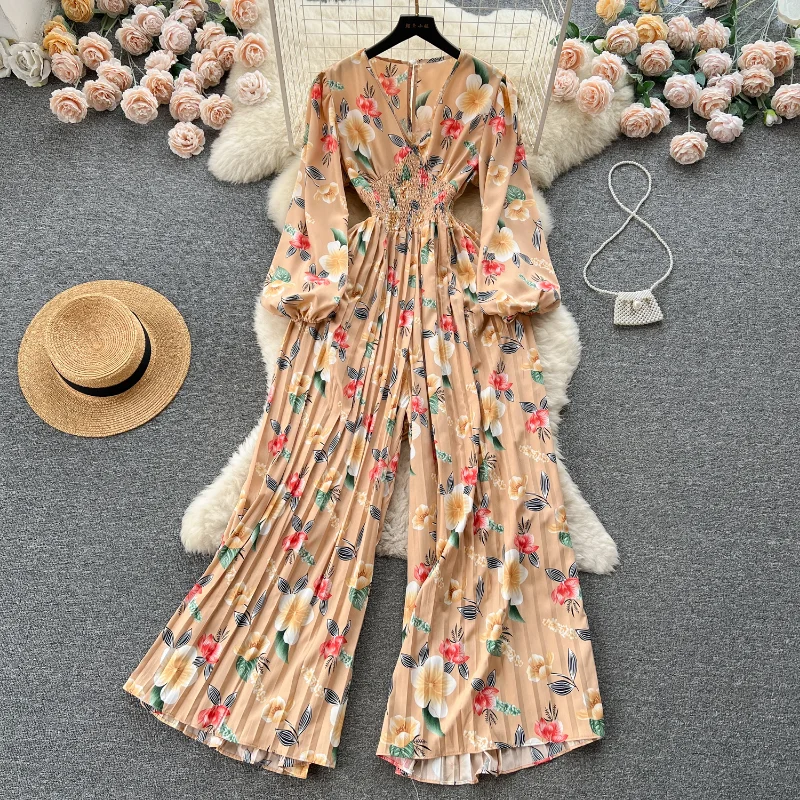 Spring and Autumn Retro V-neck Floral Long-sleeved Jumpsuit Women's Lantern Sleeves Pleated Niche Design Waist Wide-leg Pants