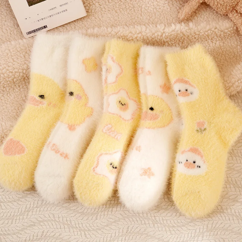 Women's Socks Middle Tube Autumn Winter Warm Cute Kawaii Duck Socks Fluffy Mink Velvet Home Floor Coral Velvet Sleeping Socks