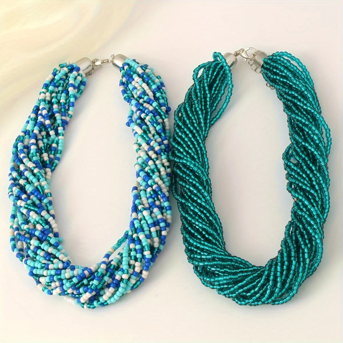 1pc Bohemian Green Blue Fashionable Elegant Simple Multi Layer Rice Bead Necklace Tie Neck Women\'s Neck Chain Clavicle Chain