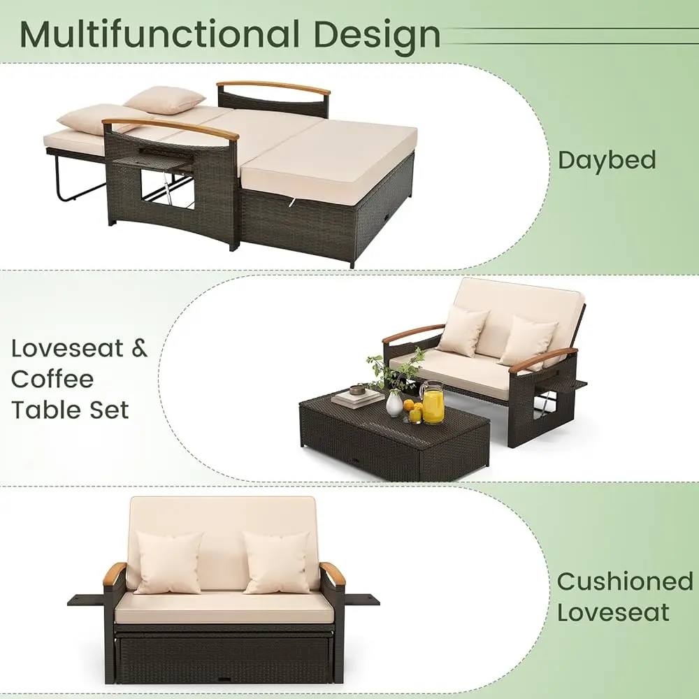 Patio Rattan Daybed Set With Cushioned Loveseat And Storage Ottoman, Outdoor Double Chaise Lounger With 4-Level Adjustable