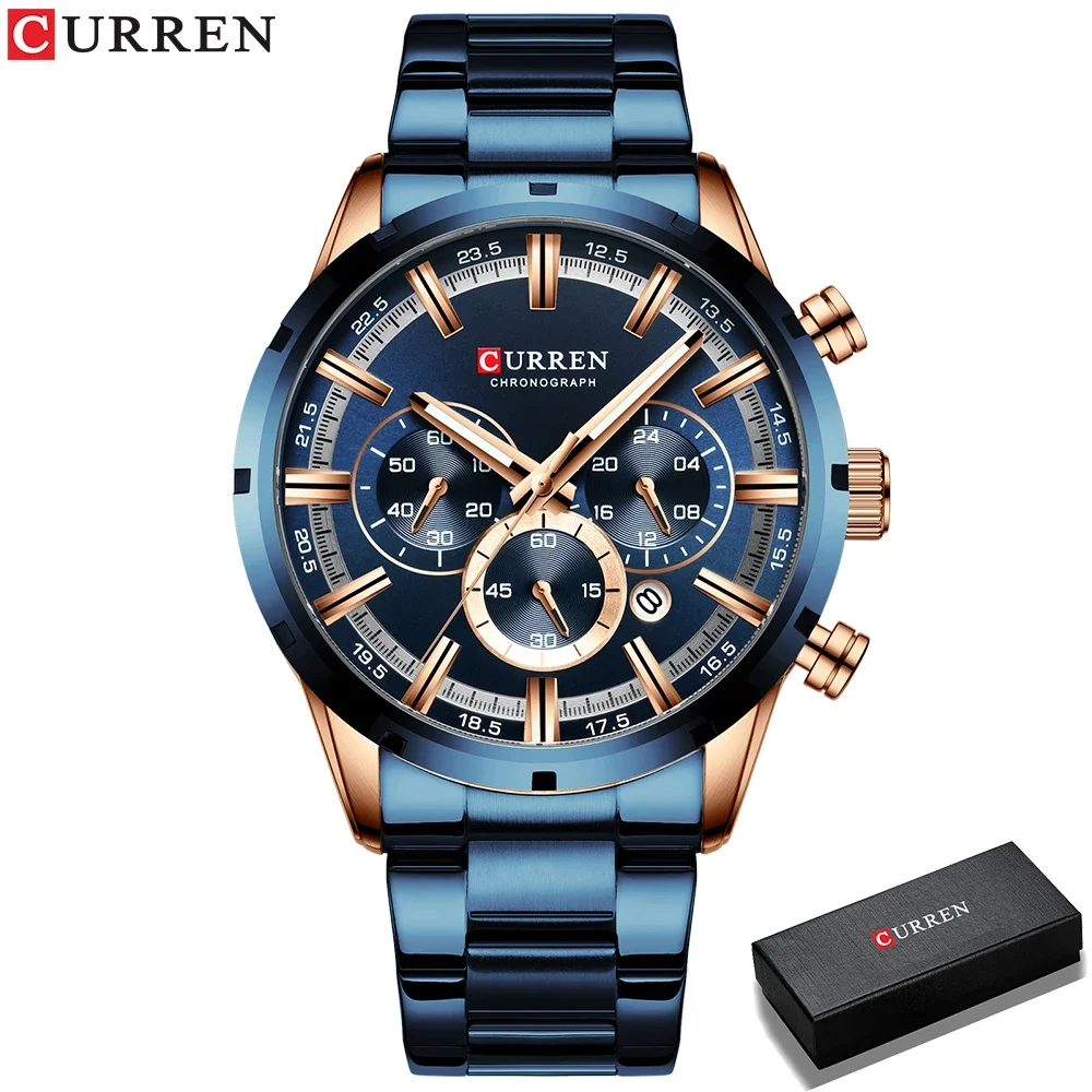 Curren Men\'s Watch Blue Dial Stainless Steel Band Date Mens Business Male Watches Waterproof Luxuries Men Wrist Watches for Men