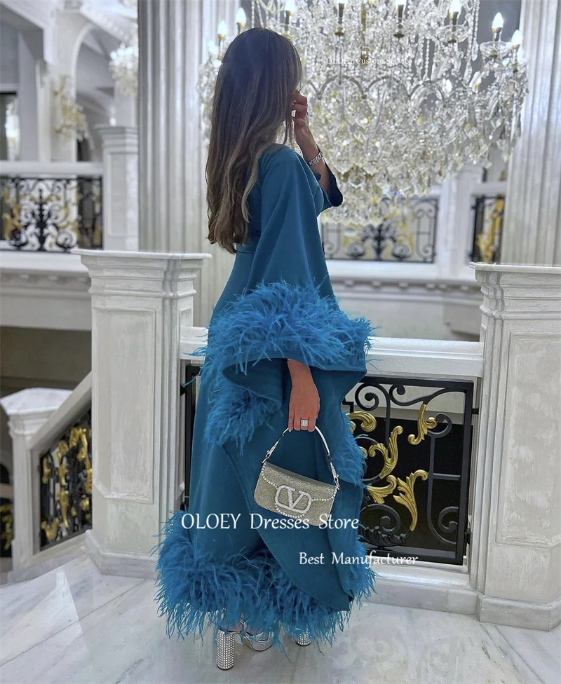 OLOEY Elegant Dusty Blue Feathers Evening Dresses Saudi Arabic Women Puff Long Sleeves Crepe Dubai Formal Party Prom Gowns