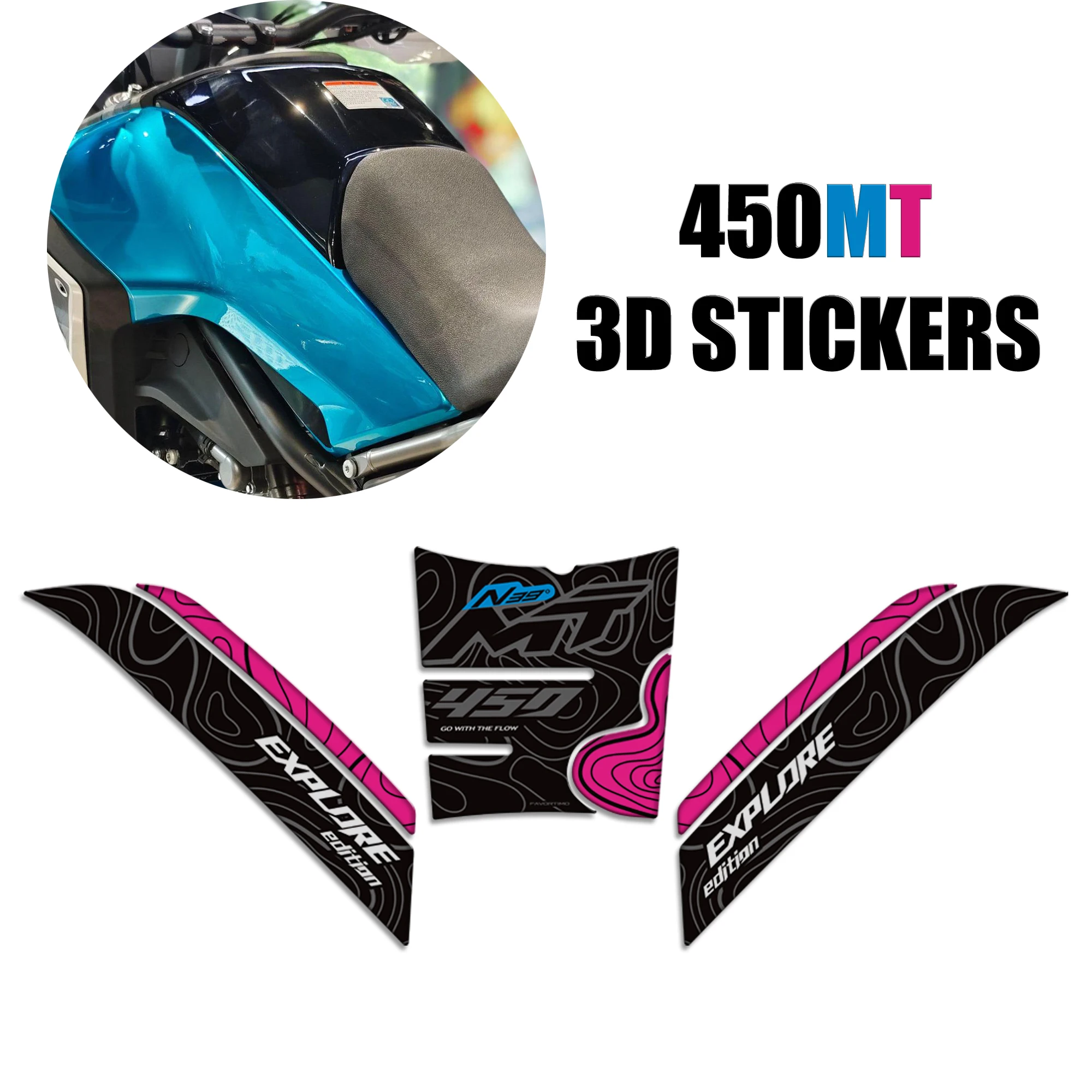 

Комплект защиты для мотоцикла CFMOTO 450MT Adventure: накладки на бак, накладки на руль, наклейки на обтекатели, наклейки на крылья, ветровики.