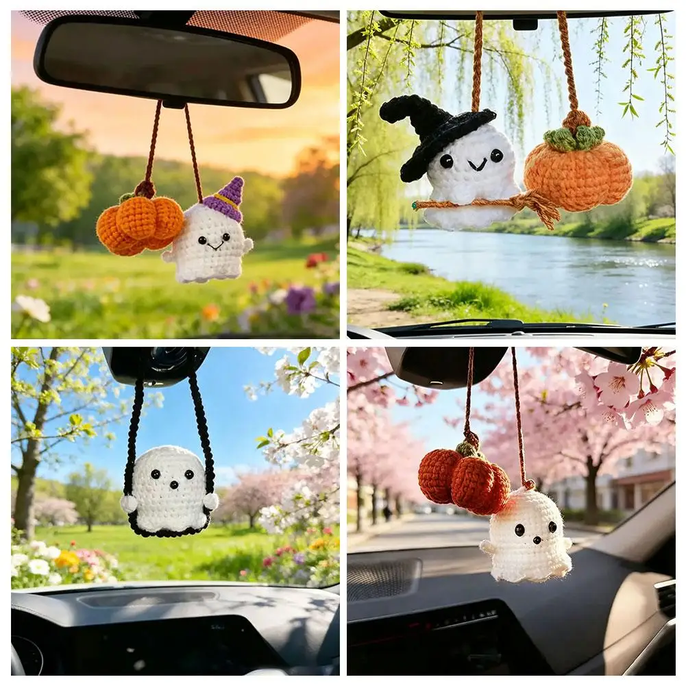 Kürbis-Geist Auto-Spiegel-Hängeornament, Handgemachte Gehäkelte Rückspiegel-Dekoration für Halloween, Weicher Garn-Auto-Anhänger-Dekor – Detail 13