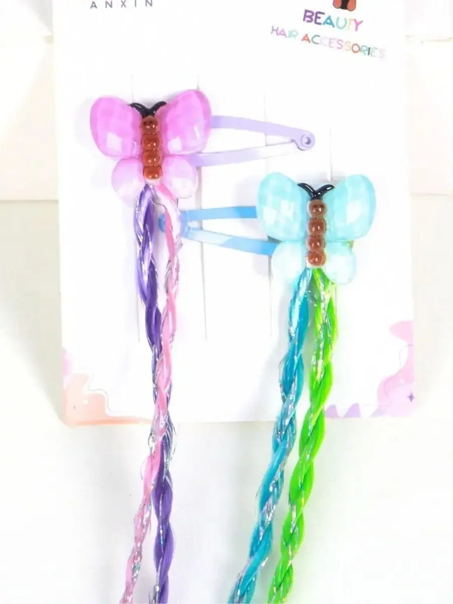 

Синяя, розовая бабочка, мультяшная висячая заколка из химического волокна, синтетическая длинная коса, шпилька для волос, подарок на день защиты детей, вечеринку