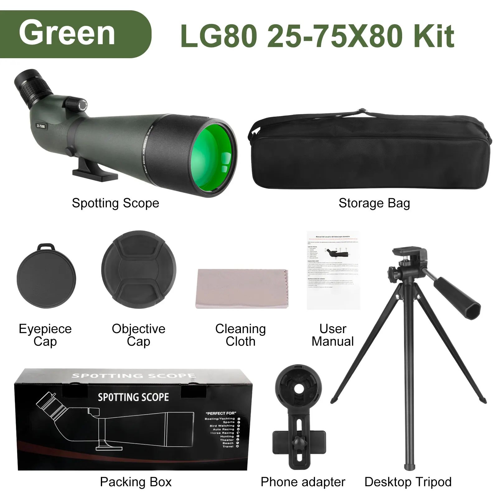 25-75x80 Telescoop Spotting Scope Groot veld Krachtige zoommonoculair met telefoonadapter Statief voor vogels kijken Camping