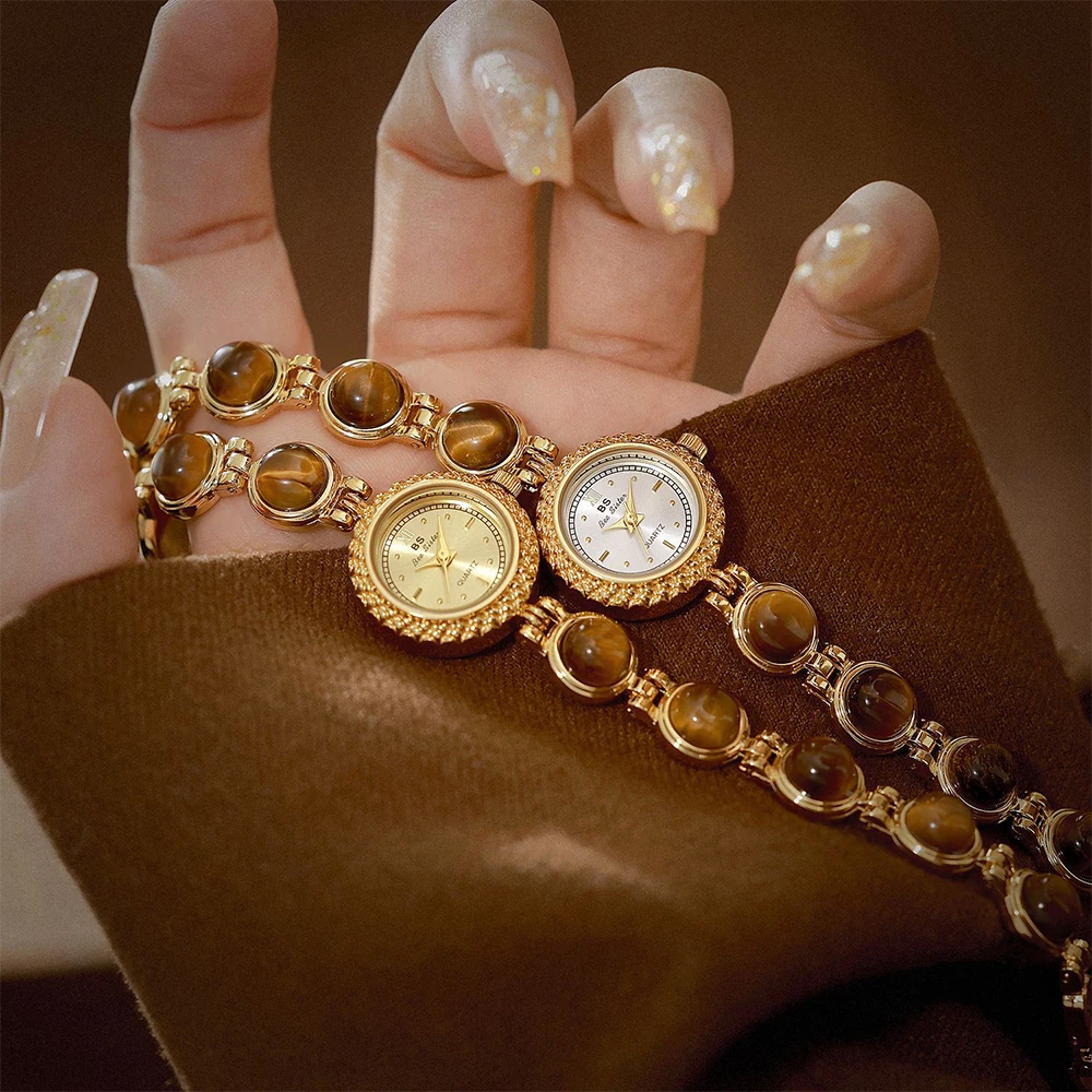 Abelha irmã natural olho de tigre pedra pulseira mulher relógio de alta qualidade design francês vintage quartzo feminino relógios pulso