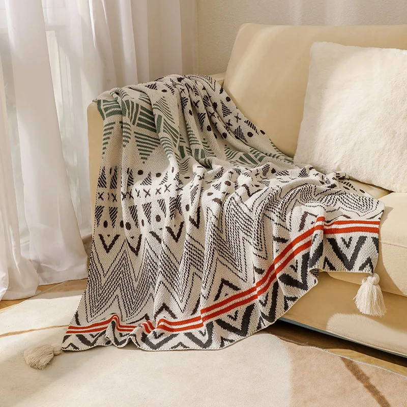 Boho Geometricowy Koc z Frędzlami
