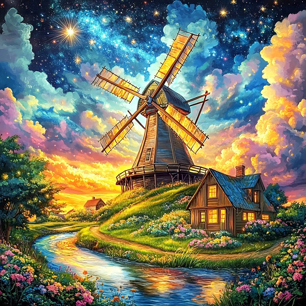 EverShine Diamant-Gemälde, Windmühle, Haus, voller Bohrer, Stickerei, Landschaft, 5D, DIY, Mosaik, Nachtlandschaft, Neuheiten, handgefertigtes Geschenk