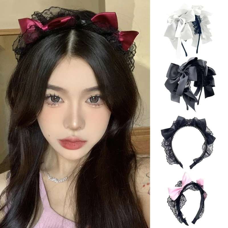 Women  Maid Headpiece Cosplay Hair Hoop Gothic Headband Black Lace & Bowknot Decorations Handmade Hair Accessory