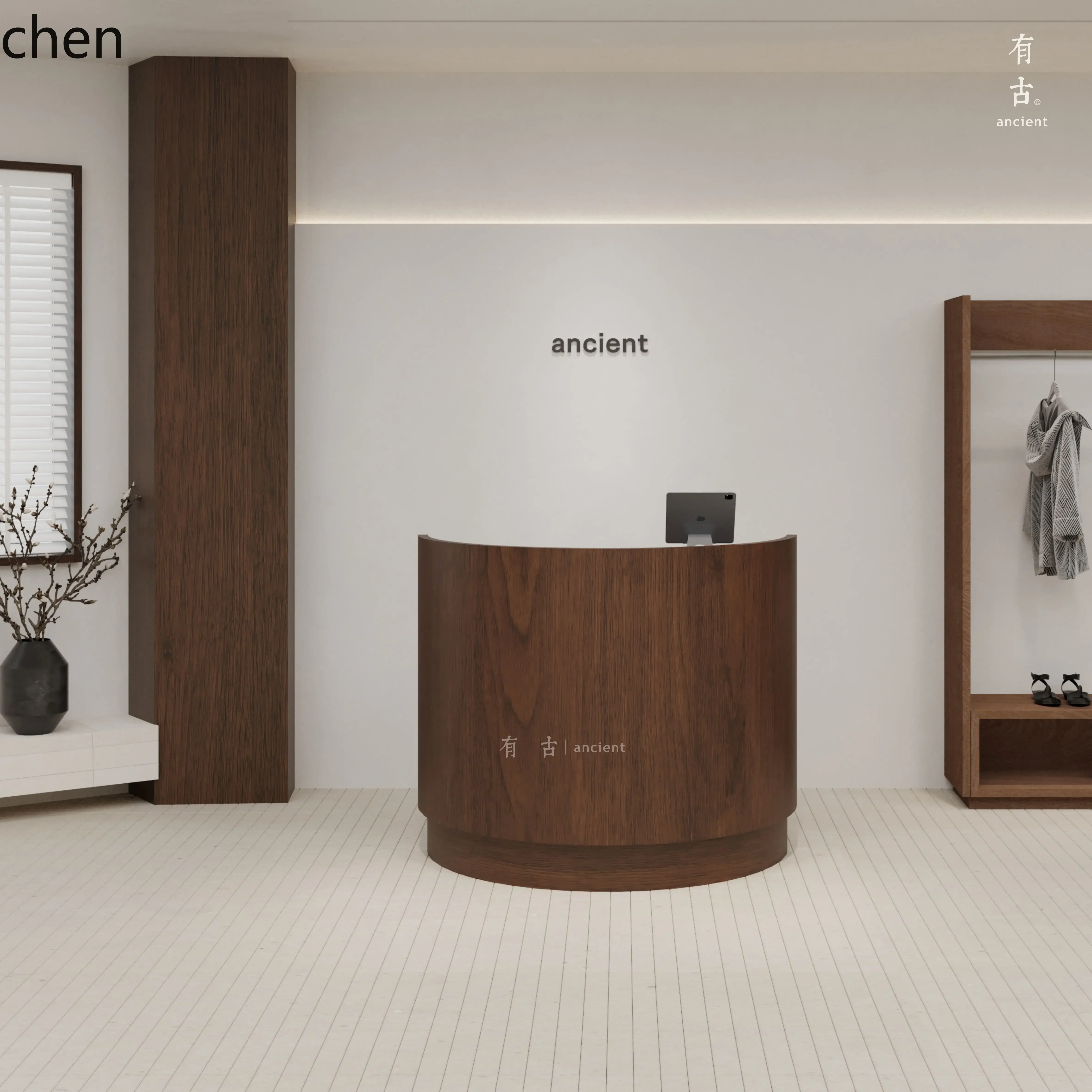 

b7- half arc cabinet checkout page women's clothing store walnut pattern front desk reception small shopping guide desk