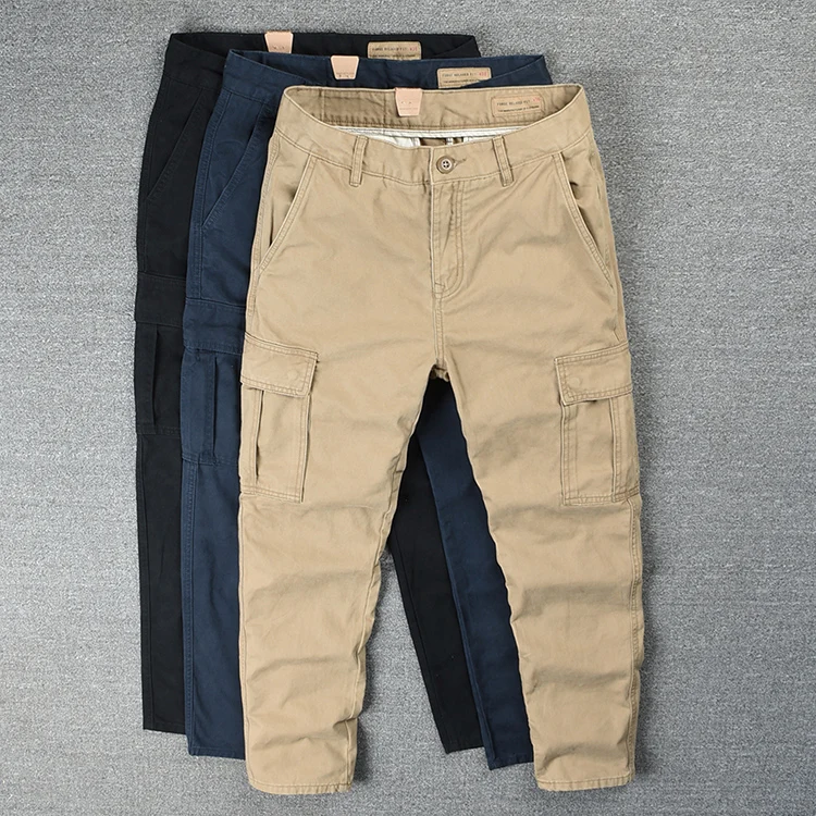

Мужские модные брюки для спецодежды, свободные прямые брюки из чистого хлопка, повседневные винтажные брюки с завязками на осень-зиму, тяжелые брюки цвета хаки