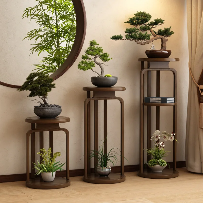 Chinese shelf floor-to-ceiling solid wood flower pot round  table balcony  rack living room  stand shelf