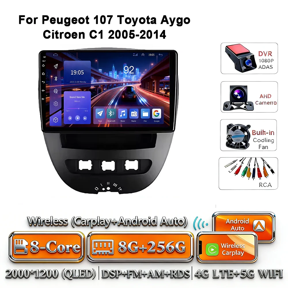 Android 17 Carplay Auto 4G WIFI autoradio voor Peugeot 107 Toyota Aygo Citroen C1 2005-2014 GPS BT DSP touchscreen multimedia