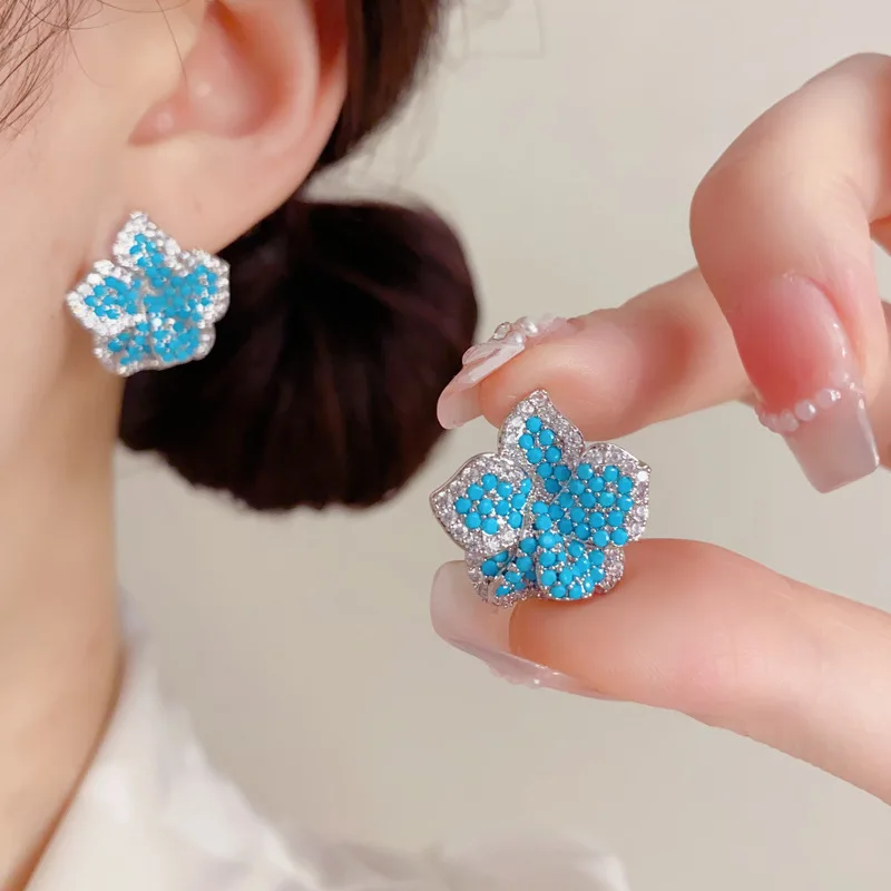 Petal Blossom Studs Vivid Blue Pavé Sparkling Contour Statement Ear Piece Dinner Party Glamour Unique Women Gift Jewelry